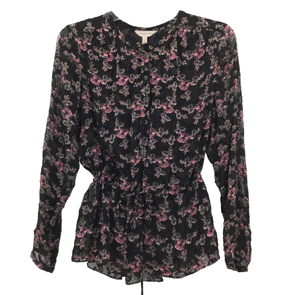 Rebecca Taylor Floral Silk‎ Blend Blouse Womens 4 Black Drawstring Waist